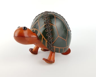 Vintage Leather TURTLE PIGGY Money Bank Handmade  1980s