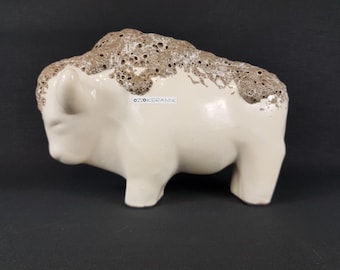 Retro OTTO KERAMIK White and Greyish Brown Fat Lava Crater Glaze Bull from Germany