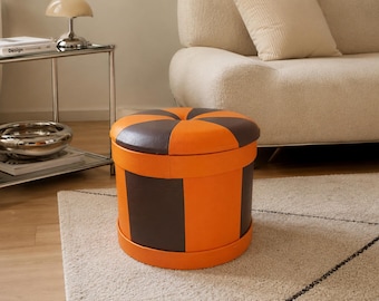 Vintage Mid-Century Orange & Brown Faux Leather Storage Pouffe / Ottoman - Harlequin Style Footstool 1970s