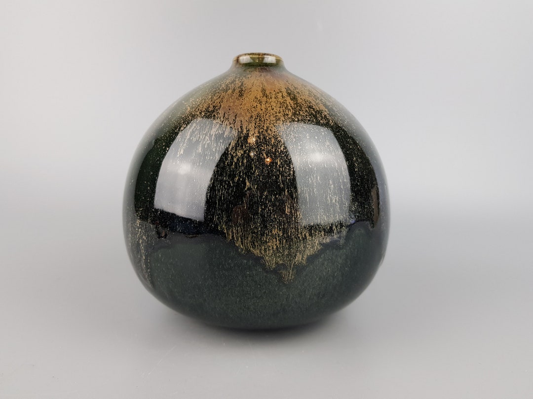 Vintage STUDIO ART POTTERY Glossy Black and Green Ball Vase German Art ...