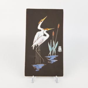 Vintage ES (Emons & Sohne) KERAMIK handbeschilderd keramische wandplaat met reiger decor West-Duits aardewerk jaren 1960 jaren 1970