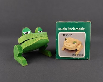 Vintage Studio Frank Meisler Froggy Paper Clip Holder Wooden Frog Desk Organizer Israel 1960s