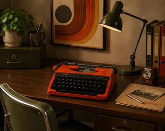 Máquina de escribir portátil Brother Deluxe 220 naranja vintage con estuche y manual original. Años 70 y 80. Máquina de oficina retro fabricada en Japón.