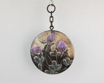 Vintage RUSCHA KERAMIK Wall Hanger with Chain and Purple Thistle decor 1970s