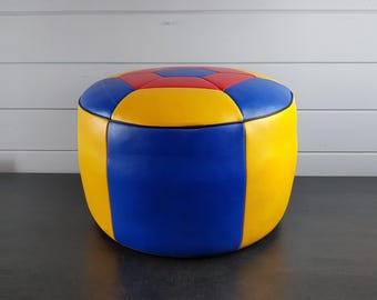 Vintage Patchwork Leather Pouf Ottoman Footstool (Red, Yellow, Blue) - Retro Style