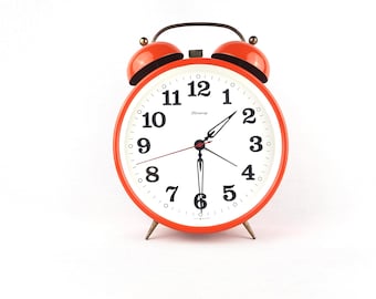 Vintage BLESSING Alarm Clock - Mid-Century Modern - Orange and White Timepiece - 1970s - Wind Up