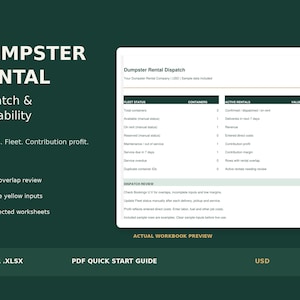 Dumpster Rental Excel Spreadsheet: Dispatch, Fleet Availability and Booking Tracker