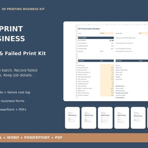 3D Printing Cost Calculator, Filament Pricing Spreadsheet, Failed Print Tracker, Order & Quote Forms