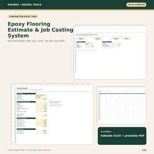 Peut inclure: Un système numérique d'estimation et de calcul des coûts de travaux de revêtement de sol en époxy pour Excel. L'interface présente des en-têtes vert foncé, des champs de saisie beige clair et des détails de projet organisés par sections.