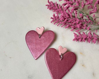 Valentines two-toned pink shimmer hearts  polymer clay dangle earrings