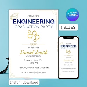 Op de afbeelding: Een witte uitnodiging voor een afstudeerfeest voor engineering met gouden en marineblauwe tekst. De uitnodiging bevat de tekst "Join us for a ENGINEERING GRADUATION PARTY" en "In honor of Daniel Smith". Een smartphone toont de uitnodiging. De afbeelding bevat ook de tekst "3 SIZES" en "Instant download".