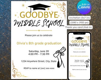 Goodbye middle school invitation, graduation party, grad announcement, 8th grade graduation, editable, printable, instant download