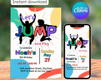 Let's jump and play invitation trampoline party birthday invitation playground birthday kids party editable printable instant download