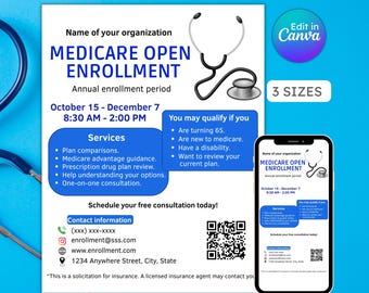 Medicare open enrollment flyer, health insurance, advertising, social media feed, senior citizen, editable, printable, instant download