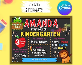 May include: A customizable first day of kindergarten sign with a chalkboard background. The sign features a colorful rainbow, a frog, a lion, and a red apple. The sign includes the text "Amanda", "First Day of Kindergarten", "August 20, 2024", "3 Years Old", "My teacher is... Mrs. Jones", "I love to... Swimming, Singing and Dancing", "My favorite... Color: Rojo, Food: Pasta, Toy: Dolls", and "School Name".