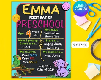 May include: A colorful printable sign for a child's first day of preschool. The sign features a chalkboard background with the child's name, age, favorite things, and school information. The sign also includes a cute cartoon elephant and a parrot.