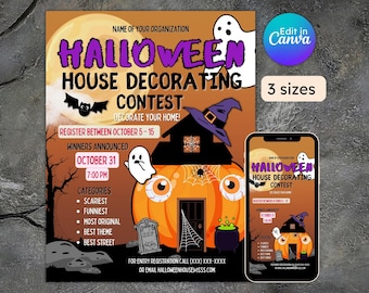 May include: Printable Halloween house decorating contest flyer with a pumpkin, ghost, and witch hat. The flyer includes the text "Halloween House Decorating Contest" and "Decorate Your Home!"  Register between October 5-15. Winners announced October 31 at 7:00 PM. Categories include: Scariest, Funniest, Most Original, Best Theme, and Best Street. For entry registration call (XXX) XXX-XXXX or email halloweenhouseisss.com.
