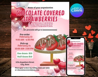 Chocolate covered strawberries fundraiser flyer, charity nonprofit, Valentines Day event, school strawberry sale, editable, instant download