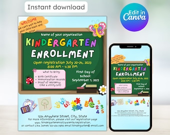 Kindergarten enrollment flyer, open enrollment flyer, kindergarten online, pta pto flyer, back to school, before after school, editable