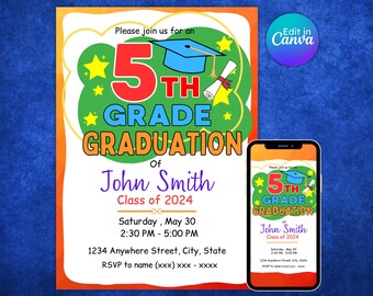 Editable 5th Grade Graduation Invitation: Colorful Class of 2024 (Digital Download)