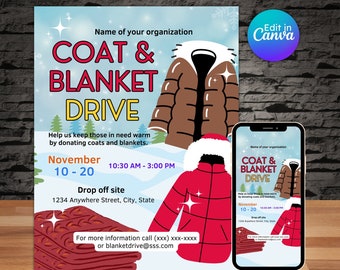 Coat and blanket drive flyer, winter clothing, charity event, warm clothes, school fundraiser, editable, printable, instant download