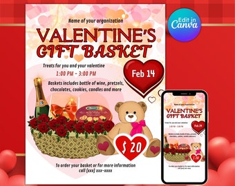 Valentine's gift basket flyer, be my valentine, heart basket, galentines day, community event, editable, printable, instant download