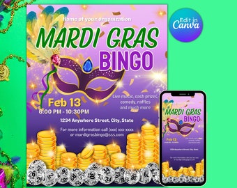 mardi gras bingo flyer community event bingo fundraiser family game night corporate event editable printable instant download