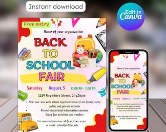 Back to school fair flyer, school fundraiser, community event, summer fair festival, editable, printable, instant download