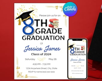 8th grade graduation invitation, black and gold, promotion invites, class of 2025, modern grad invite, editable, printable, instant download