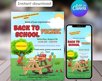 May include: A digital flyer for a Back to School Picnic, featuring a picnic table, tree, and balloons. The flyer includes the event details: date, time, location, and activities. The words "Back to School Picnic" are prominently displayed.