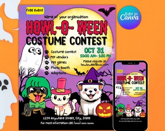 Howl-o-ween costume contest flyer, pet costume, animal fundraiser, dog halloween party, puppy adoption, editable, instant download