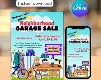 Neighborhood garage sale flyer, Garage sale flyer, Yard sale flyer, Community event, rummage sale flyer template, instant download editable