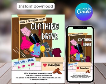 Clothing drive flyer editable clothing drive school fundraiser community event church fundraiser printable instant download templates Canva