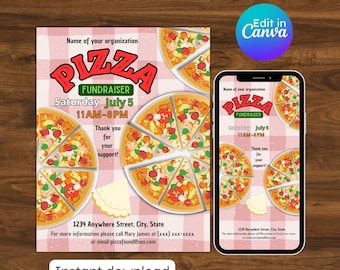May include: A pink and white checkered background with a pizza fundraiser flyer. The flyer has a picture of pizza slices and the text "Pizza Fundraiser, Saturday July 5, 11AM-6PM, Thank you for your support!" and the address "1234 Anywhere Street, City, State".