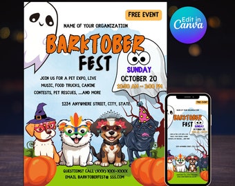 Barktober fest flyer puppy adoption fall fundraiser halloween benefit event neighborhood party editable printable instant download