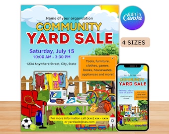 Community yard sale flyer, neighborhood garage, pta flyer yard sale community, church rummage sale, editable, printable, instant download