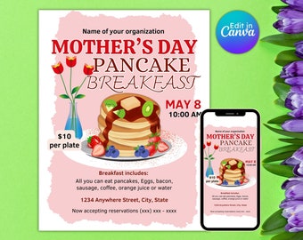 Flyer för pannkaksfrukost på mors dag, skolförälder, frukost med mamma, insamlingsevenemang, damfrukost, redigerbar, direktnedladdning