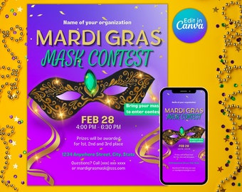 Mardi gras mask contest flyer masquerade ball community event costume mask competition ideas editable printable instant download