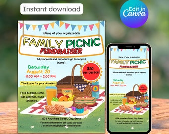 May include: A colorful flyer for a family picnic fundraiser. The flyer features a picnic basket, food, and drinks. The text on the flyer reads "Family Picnic Fundraiser" and includes the date, time, and location of the event. The flyer also states that all proceeds and donations will go to support (name).