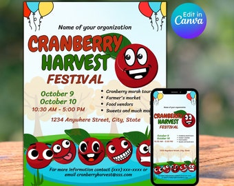 cranberry harvest festival flyer, abundant autumn, community event, fall festival, editable, printable, instant download