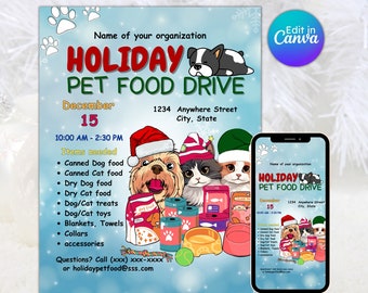 Holiday pet food drive flyer animal shelter christmas food pet flyer community food drive editable printable instant download