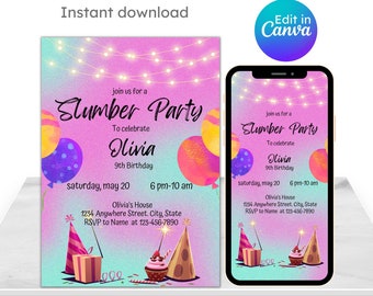 Editable Slumber Party Invitation, Pajamas Party, Slumber Party Invite, Sleepover Invite, Digital Download, Printable Template, Canva Spa