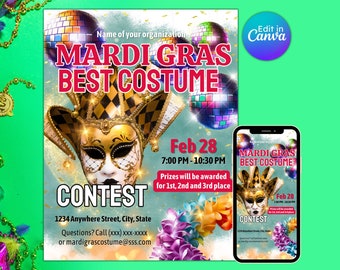 Mardi gras best costume contest flyer mask trophy contest winner flyer competition ideas community event editable printable instant download