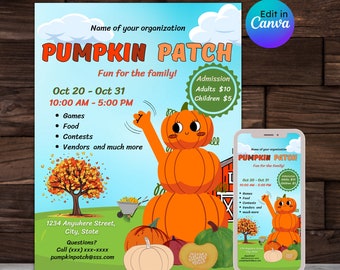 pumpkin patch flyer, fall festival, autumn party fest, pumpkin fundraiser, harvest time, editable, printable, instant download