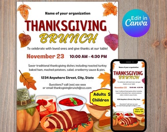 Thanksgiving Brunch Flyer, Brunch Invitation, Community Event, School Fundraiser, Editable, Printable, Instant Download