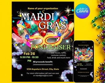 Mardi gras fundraiser flyer masquerade ball formal gala event school pto pta fundraiser event editable printable instant download