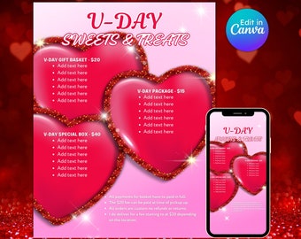 V-Day sweets and treats flyer valentines day treat pricelist template strawberry chocolate editable printable instant download