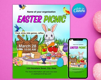 May include: An editable Easter picnic invitation template with a cartoon bunny, picnic basket, and food. The text says "Name of your organization Easter Picnic" and "March 28, 10:00 AM".
