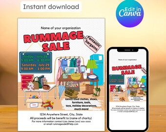 Rummage sale flyer, neighborhood yard sale, garage sale flyer template, pta pto, church school fundraiser, editable, instant download