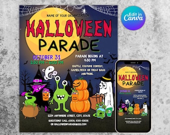 Może przedstawiać: Drukowana ulotka na paradę Halloweenową z kreskówkową ilustracją czarownicy, ducha i kosmitów. Ulotka jest w ciemnoniebieskim schemacie kolorów z jasnym żółtym księżycem i pomarańczowymi dyniami. Tekst na ulotce brzmi "Kalloween Parade" i zawiera datę, godzinę i miejsce wydarzenia. Ulotka zawiera również informacje o konkursie kostiumów, grach i torbach na słodycze.